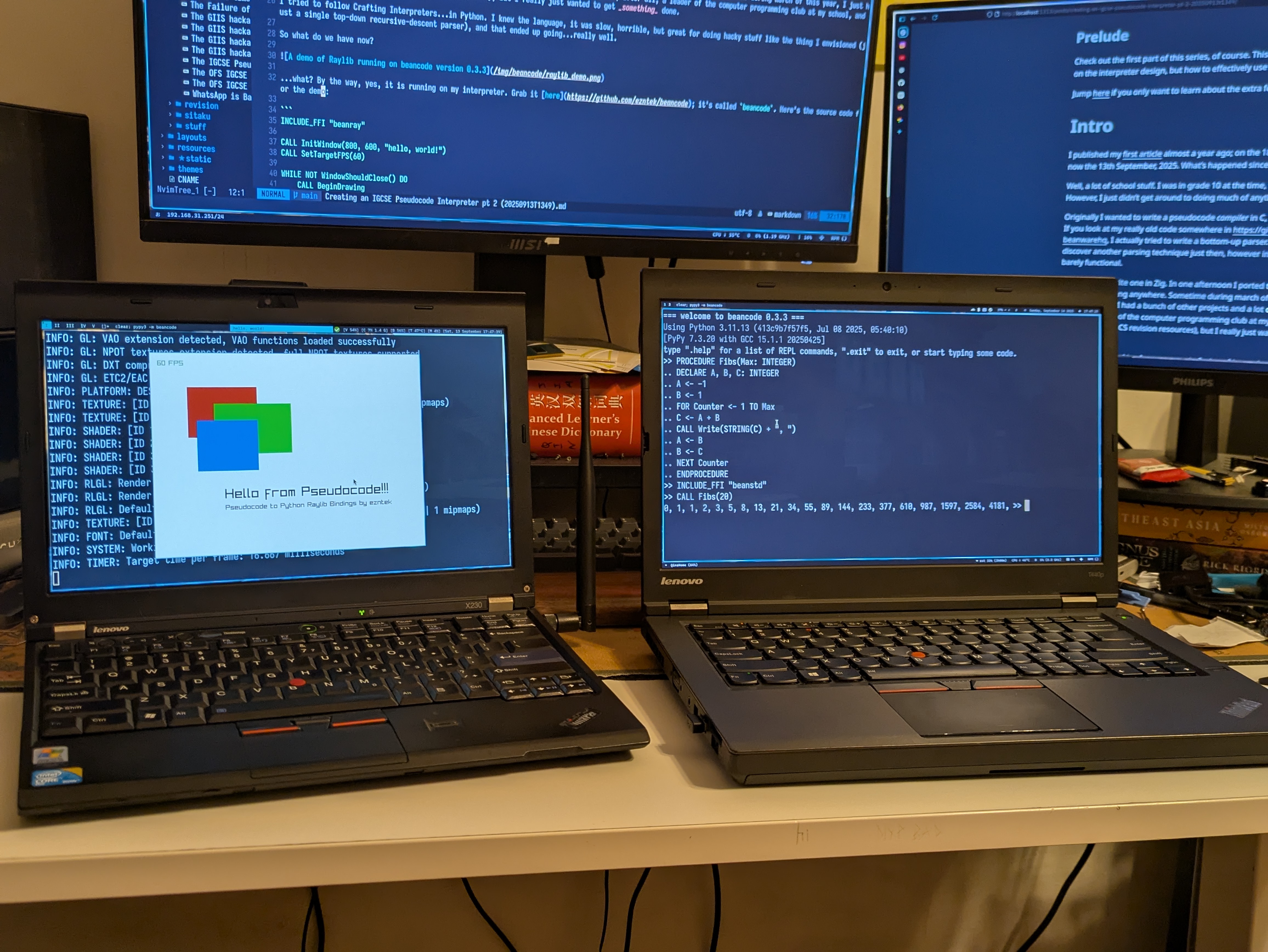 A demo of beancode running on two ThinkPads next to each other, an X230 and a T440p